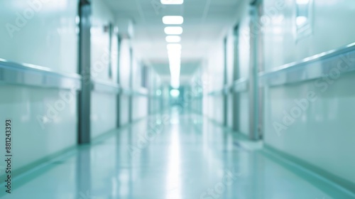 Blur abstract background of a corridor in a clean hospital with a light floor, creating a defocused view of an aisle in an lobby, waiting area. Ideal for health, business, professional concepts
