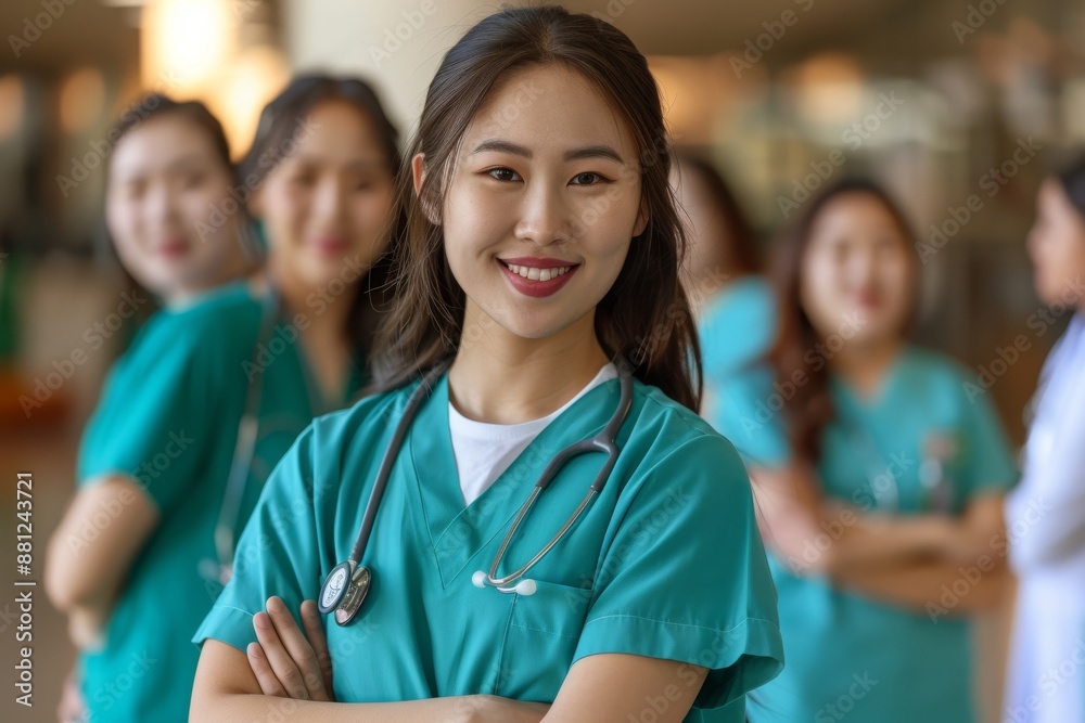In scrubs, a nursing student stands with her team in a hospital In scrubs, a nursing student stands with her team in a hospital