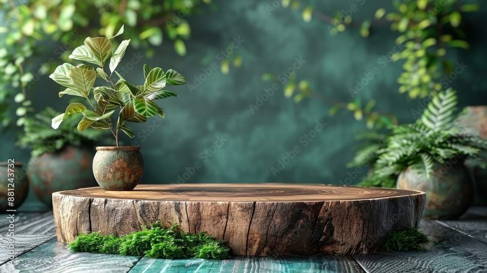 The rendering shows a wooden base for the podium against a green backdrop.