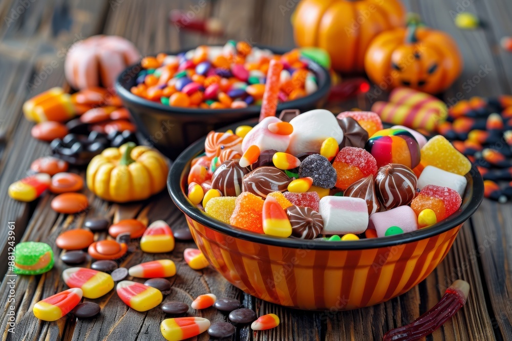 A variety of Halloween treats and candy arranged in festive bowls and baskets, showcasing the variety and excitement of this holiday. A variety of Halloween treats and candy arranged in festive bowls and baskets, showcasing the variety and excitement of this holiday.