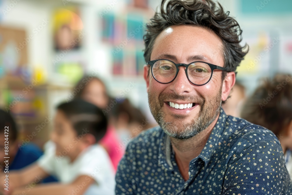 Handsome male teacher in glasses smiling and looking into camera at elementary school with children at the blurred background Handsome male teacher in glasses smiling and looking into camera at elementary school with children at the blurred background