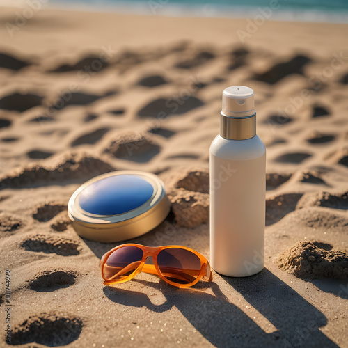 Diseño de producto protector solar y crema hidratante junto a unas gafas de sol sobre la arena en una playa