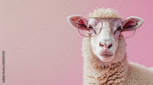 In front of a pink and blue background, this cute lamb wears sunglasses