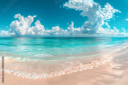 The image shows a tropical beach with turquoise water, highlighting a summer vacation paradise.