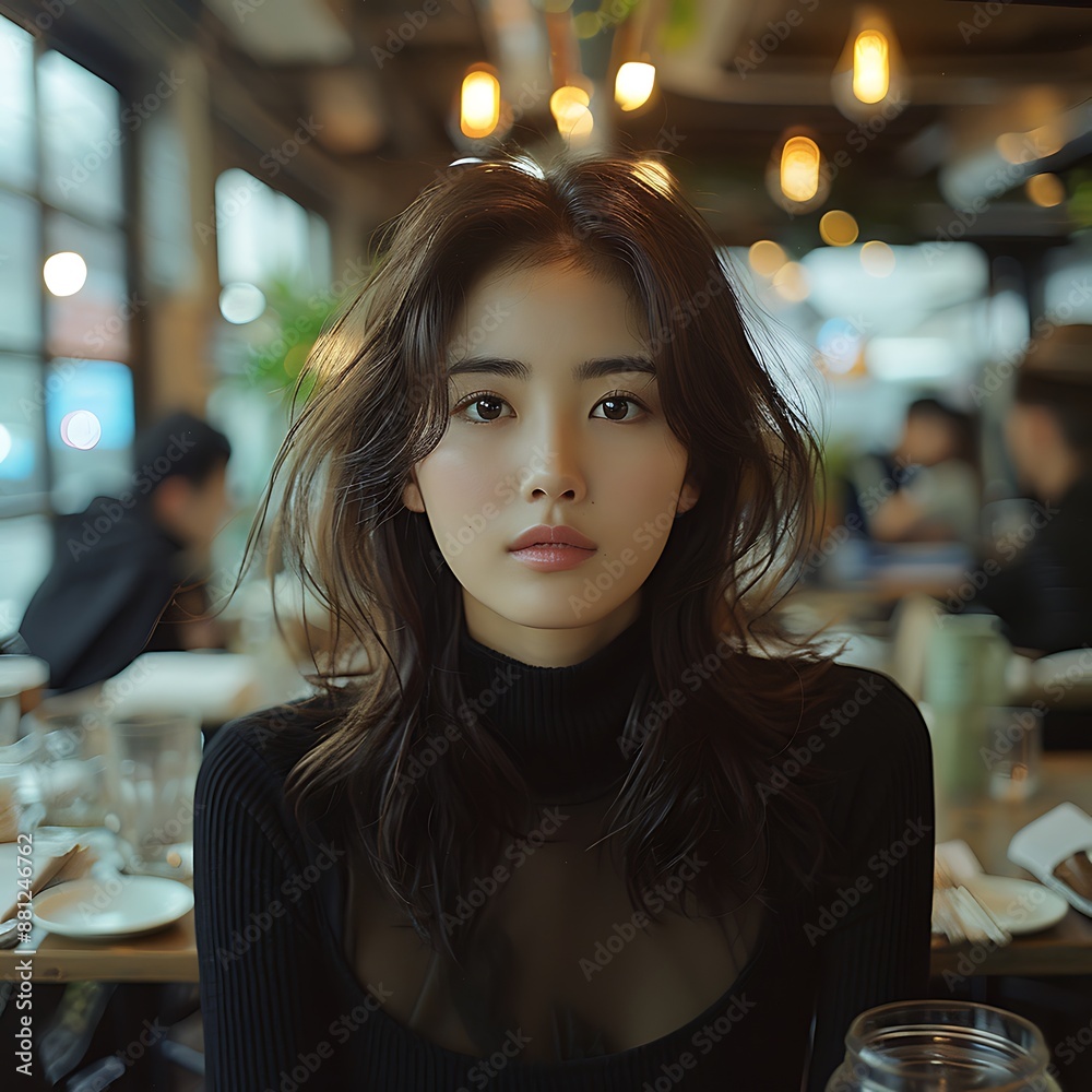 Korean female at a party in a building with modern architecture with writing space on the right Korean female at a party in a building with modern architecture with writing space on the right