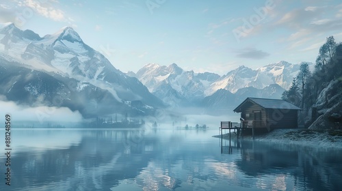 Beautiful scenery with mountains, water and trees, quiet place to live. AI generated illustration photo