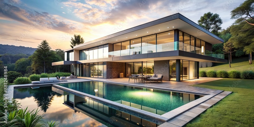 Fototapeta premium Luxurious modern house with sleek lines and floor-to-ceiling windows overlooking a sleek infinity pool blending seamlessly into the surrounding lush green landscape.