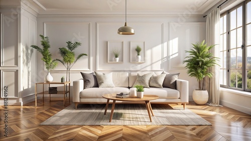 Elegant white sofa sits on polished wooden parquet floor in a bright, airy modern living room with minimalist Scandinavian home interior design accents.