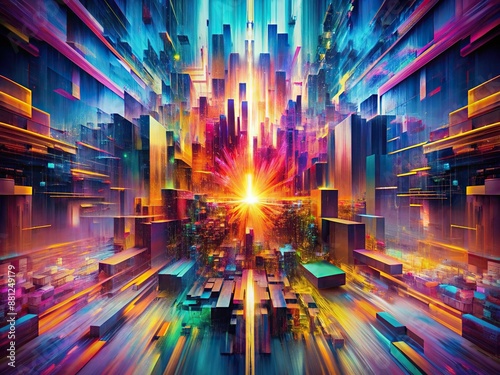 Vibrant abstract digital art with distorted pixels and fragmented shapes swirls on a mesmerizing glitch effect background, evoking a sense of futuristic chaos and disorder. photo