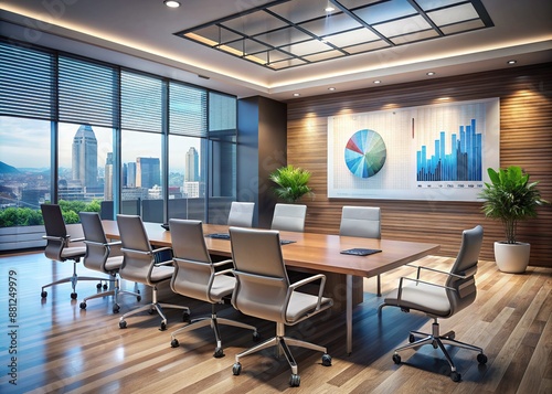 A sleek modern conference room with a projector screen displaying data visualizations and charts, surrounded by empty chairs and a podium, awaits presentation.