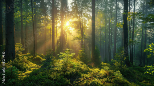 Sunlight beams through tall trees in a dense forest, illuminating the green foliage and creating a magical atmosphere. © khonkangrua