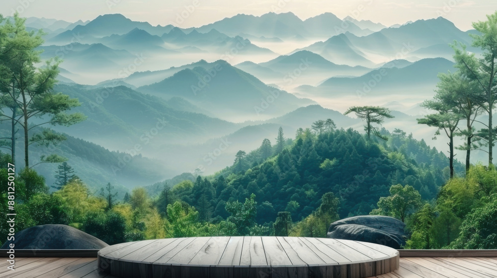 A panoramic view of misty mountains from a wooden platform, surrounded by lush green forests and trees. A panoramic view of misty mountains from a wooden platform, surrounded by lush green forests and trees.