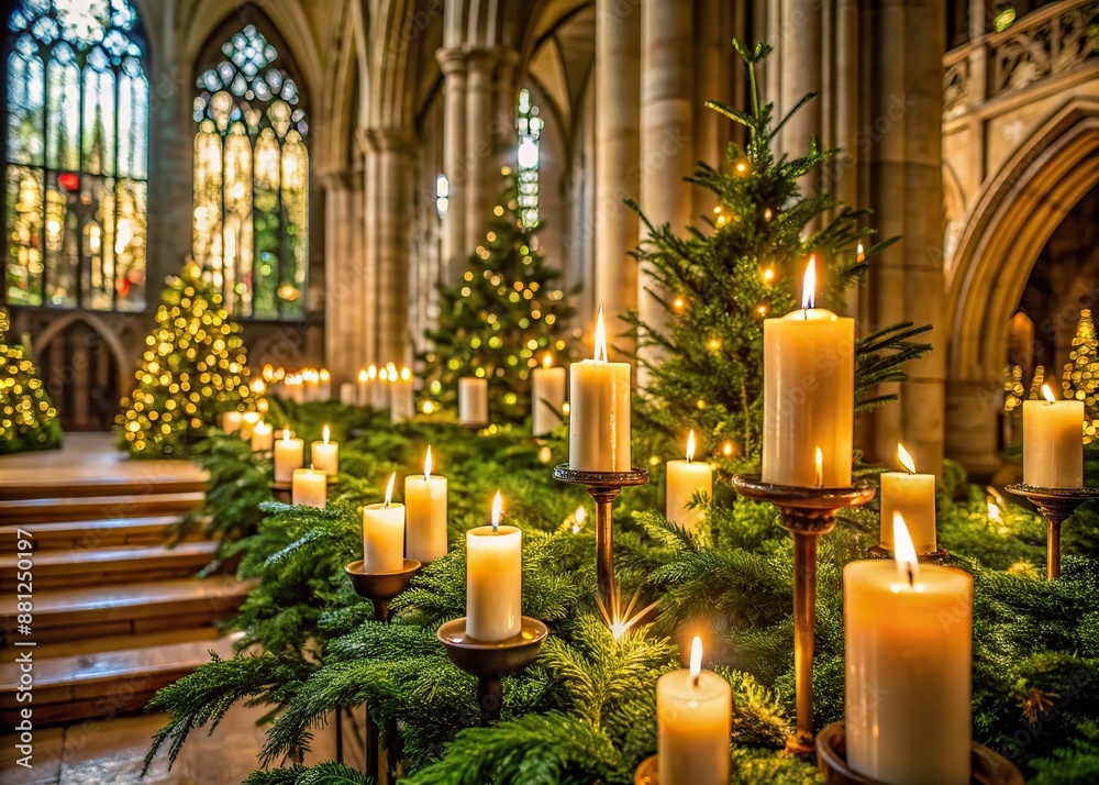 Elegant candles illuminate a serene cathedral, adorned with festive greenery, as empty pews await attendees on a magical Christmas Eve evening, warm and inviting atmosphere. Elegant candles illuminate a serene cathedral, adorned with festive greenery, as empty pews await attendees on a magical Christmas Eve evening, warm and inviting atmosphere.