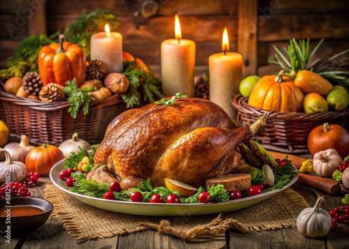 Traditional turkey centerpiece surrounded by steaming vegetables, golden-brown stuffing, and warm bread, adorned with candles and autumnal decorations on a rustic dining table.