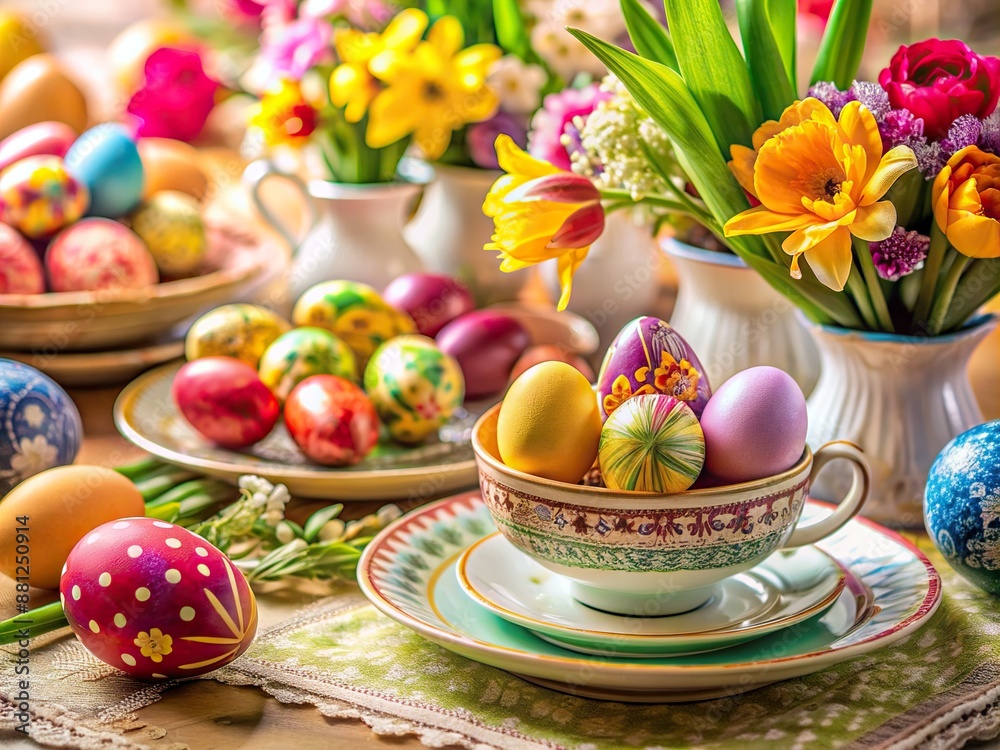 Vibrant Easter eggs adorn a lavishly set table amidst fresh spring flowers, elegant china, and ornate decorations, exuding warmth and joy of the festive season. Vibrant Easter eggs adorn a lavishly set table amidst fresh spring flowers, elegant china, and ornate decorations, exuding warmth and joy of the festive season.
