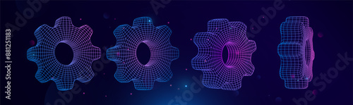 3D vector gear and cogwheel, blue wireframe mesh icon set on dark background. Technical security, online support, and industrial innovation. Engineering, cybersecurity design elements.