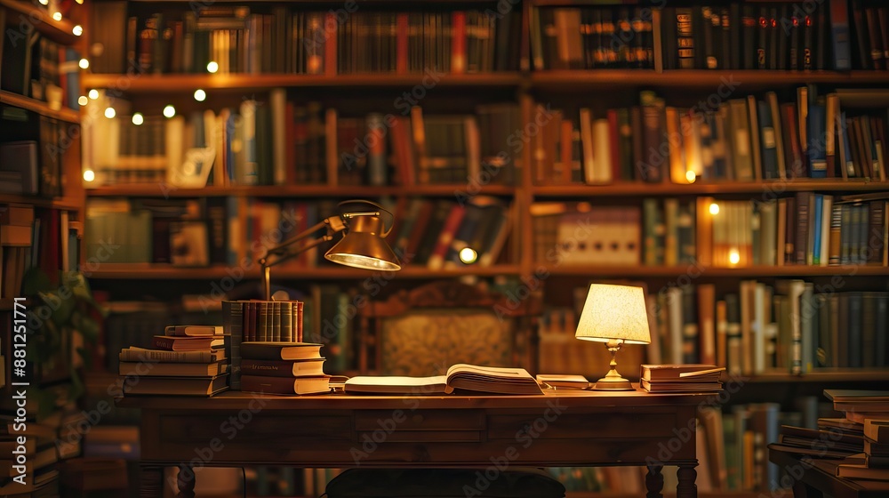 Stack of books in the library and blur bookshelf background. AI generated illustration Stack of books in the library and blur bookshelf background. AI generated illustration