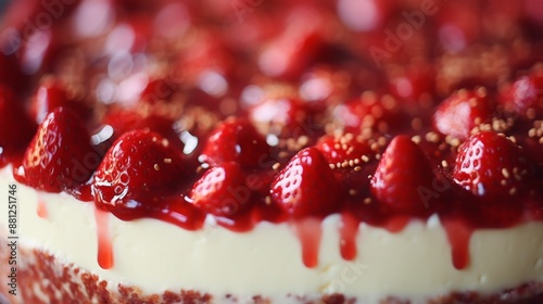 Close up view of a delectable strawberry cheesecake dessert, perfect for indulging in sweet cravings