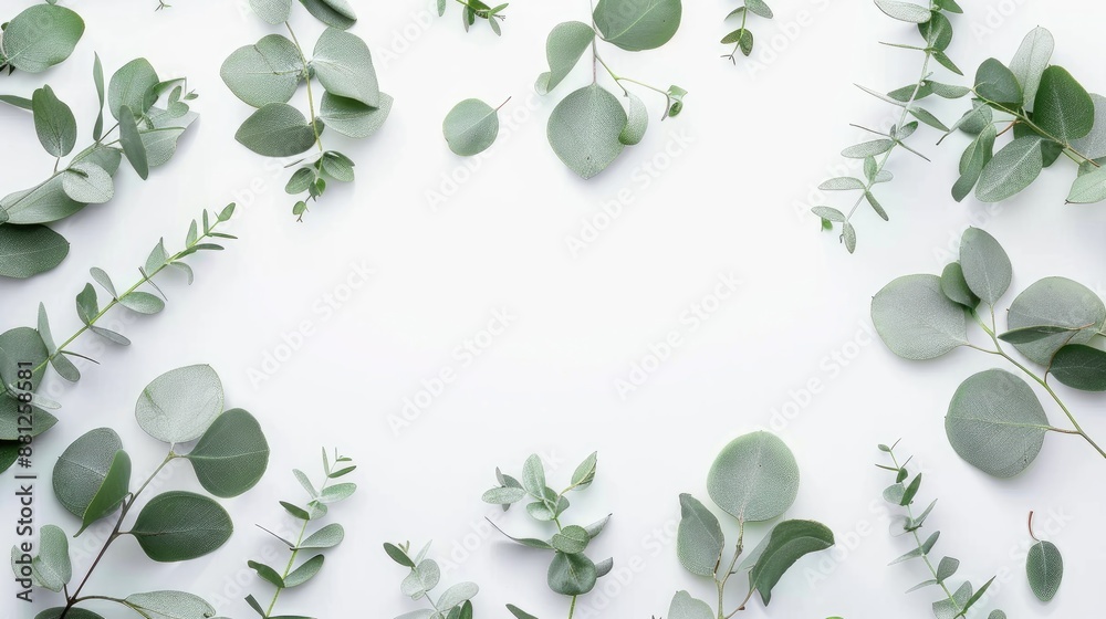 Eucalyptus branches framing on white background flat lay mockup Eucalyptus branches framing on white background flat lay mockup