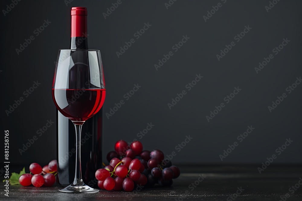 Obraz premium A bottle of red wine, a glass of red wine, and grapes on a table, copyspace