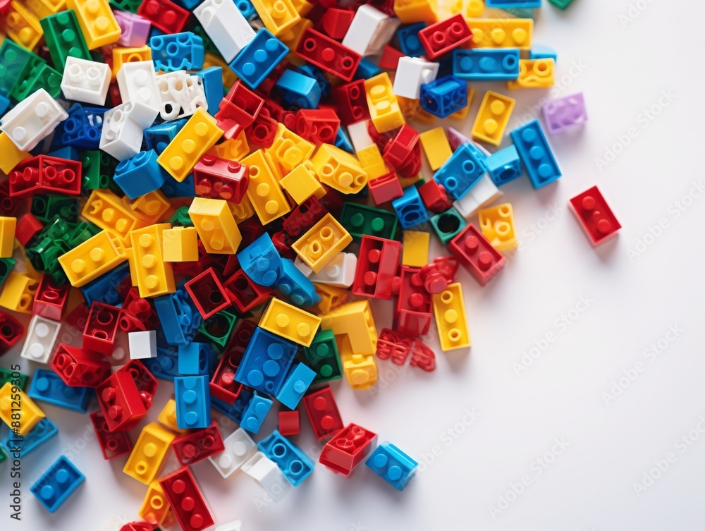 White background, white space in the center of picture. A pile of colorful blocks scattered all over the place. The bricks of different shapes and sizes to show diversity. White background, white space in the center of picture. A pile of colorful blocks scattered all over the place. The bricks of different shapes and sizes to show diversity.