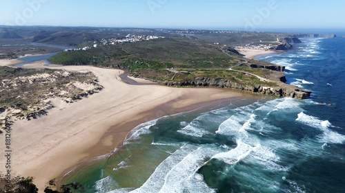 Praia da Amoreira and Praia de Monte Clerigo beaches aerial view, located in Vicentine Coast Nature Park, Algarve, Portugal