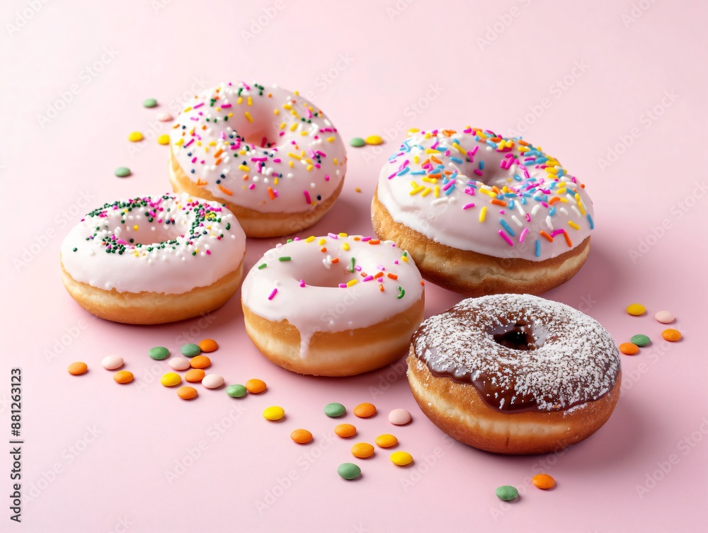 Delicious assorted donuts lying on pink background with colorful sprinkles Delicious assorted donuts lying on pink background with colorful sprinkles