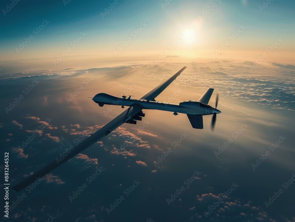 Naklejka premium A large military drone is flying in the sky above clouds. AI.