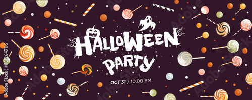 Happy Halloween party horizontal banner. Drawing sweet candies background poster. Art cover horror night celebration. October 31 holiday event promotional artwork. Trick or treat print eps design