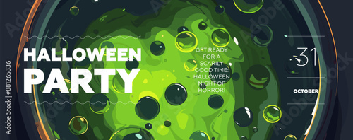 Happy Halloween party horizontal banner. Drawing brewed green potion in cauldron background poster. Art cover horror night celebration. October 31 holiday event promo artwork. Trick or treat eps print