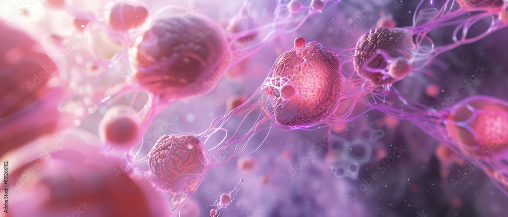 Microscopic View of Pink Cells Interconnected by Delicate Webs Microscopic View of Pink Cells Interconnected by Delicate Webs
