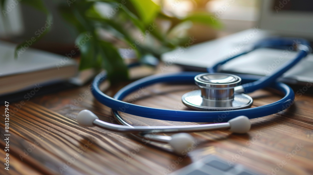 Blue stethoscope lying on a wooden desk in a medical office, representing healthcare and medical tools.