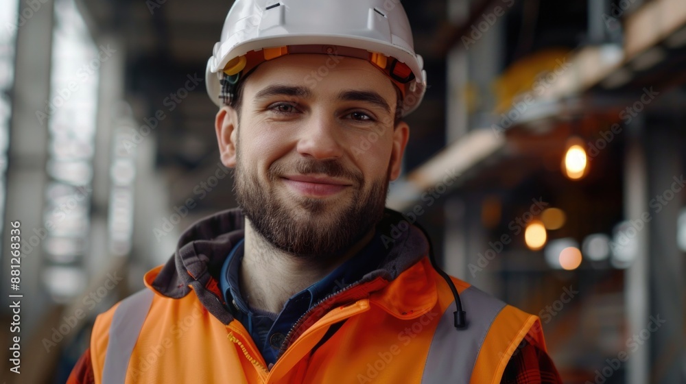 A construction worker with a beard and hard hat, possibly on a building site or industrial setting