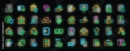 Collateral icons set outline vector. Credit property. Loan tax neon color on black