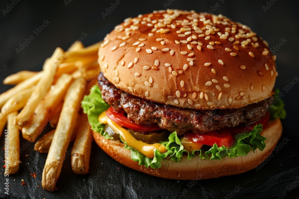 Close-up of a freshly cooked tasty hamburger with greens and fries, ideal for advertising food delivery apps, recipe website or articles about the harm of fast food Close-up of a freshly cooked tasty hamburger with greens and fries, ideal for advertising food delivery apps, recipe website or articles about the harm of fast food