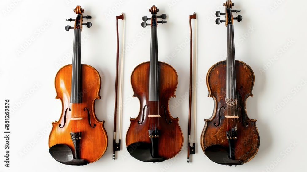 Fototapeta premium Three Violins Hanging on a White Wall