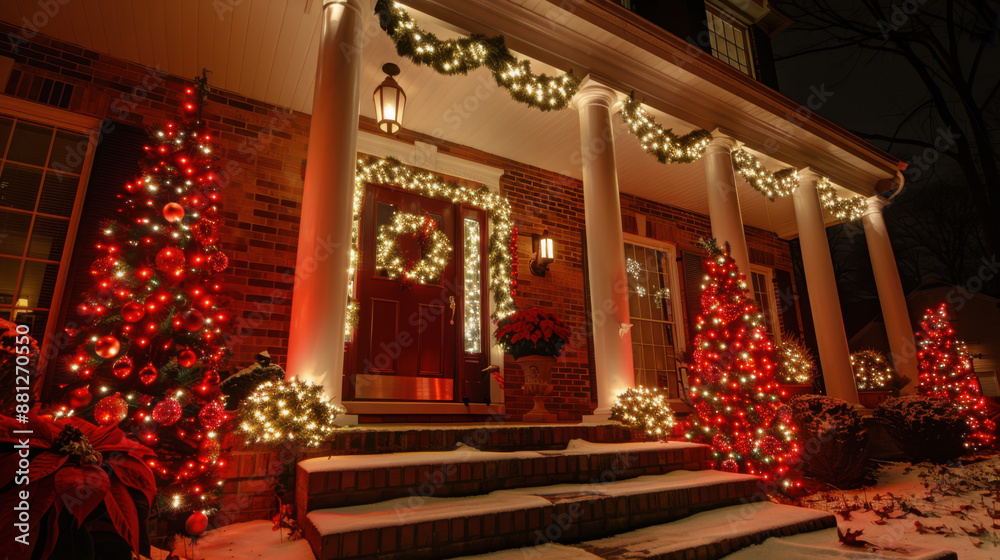 Front porch of a house adorned with vibrant Christmas lights and decorations, creating a festive holiday atmosphere. Front porch of a house adorned with vibrant Christmas lights and decorations, creating a festive holiday atmosphere.