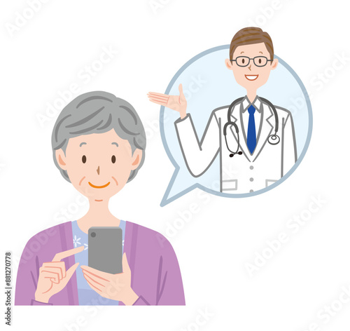 スマホでリモート診察を受けるシニア女性のイラスト素材　高齢者　診察する医者