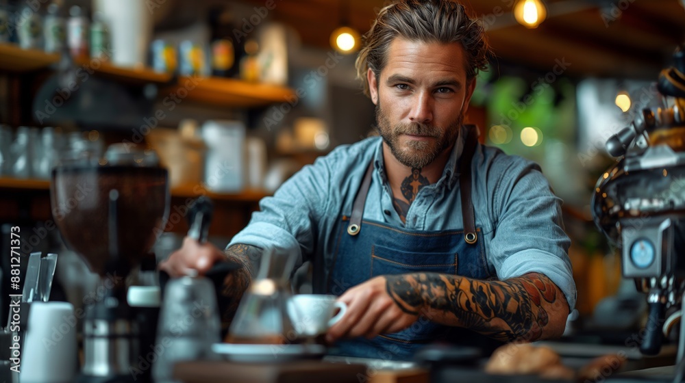 Handsome tattooed barista preparing a coffee Handsome tattooed barista preparing a coffee