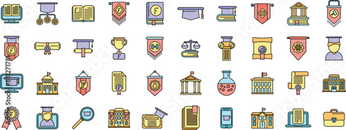University department icons set outline vector. Student campus. Learner school thin line color flat on white