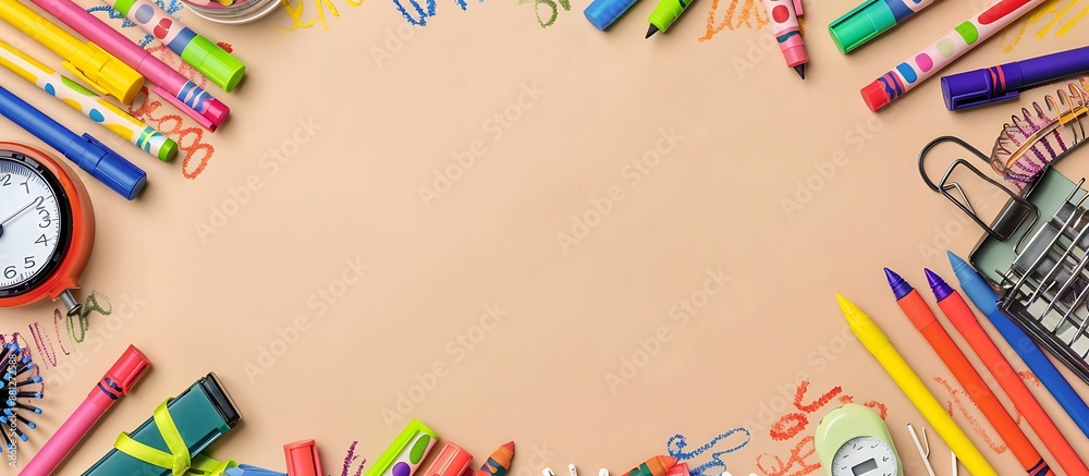 Beige background with school supplies scattered on edges, blank top left corner for text/logo, banner style. Crayons, markers, alarm clock. Beige background with school supplies scattered on edges, blank top left corner for text/logo, banner style. Crayons, markers, alarm clock.