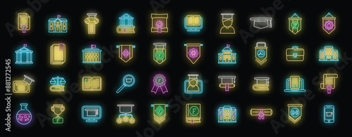 University department icons set outline vector. Student campus. Learner school neon color on black