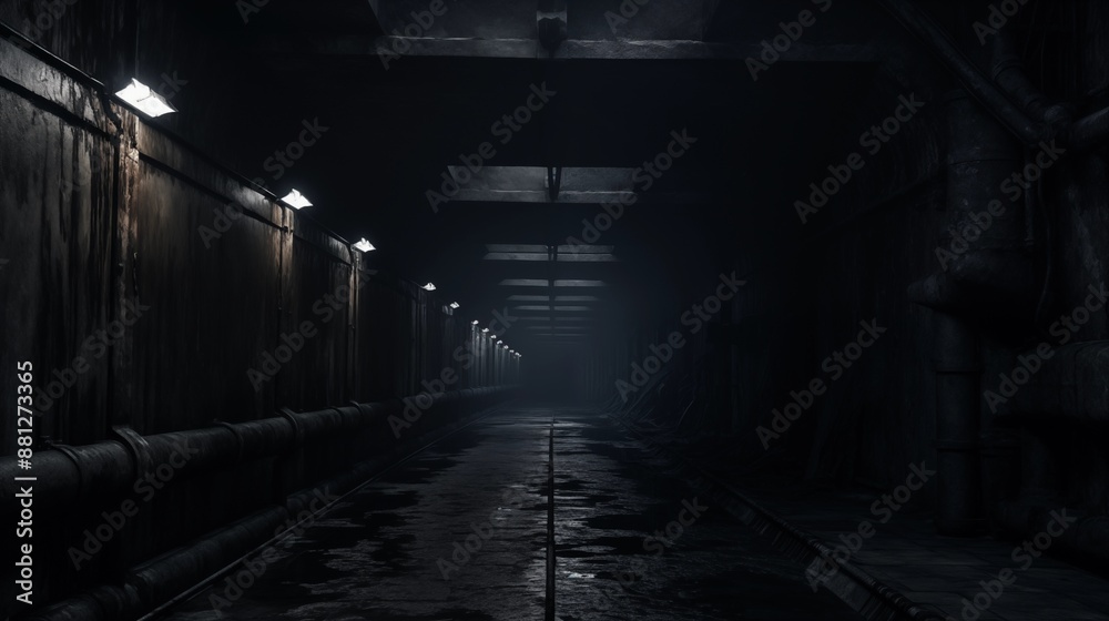 Dimly Lit Underground Tunnel with Overhead Lights and Water Path Dimly Lit Underground Tunnel with Overhead Lights and Water Path