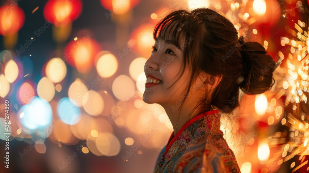A young woman smiles joyfully amidst vibrant festival lights and fireworks, capturing the essence of celebration and happiness. A young woman smiles joyfully amidst vibrant festival lights and fireworks, capturing the essence of celebration and happiness.