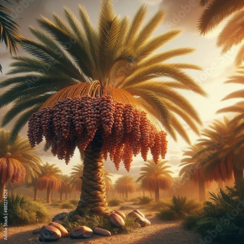 Date palm tree with bunches of ripe dates photo