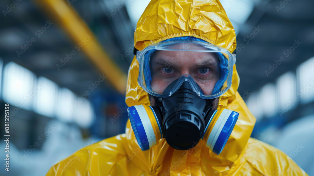 Close-up of a person wearing a yellow hazmat suit and respirator, highlighting protective measures in hazardous environments. Close-up of a person wearing a yellow hazmat suit and respirator, highlighting protective measures in hazardous environments.