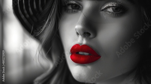 A fashion photography shot of a model wearing red lipstick, her lips standing out against her minimalist makeup and monochrome outfit.