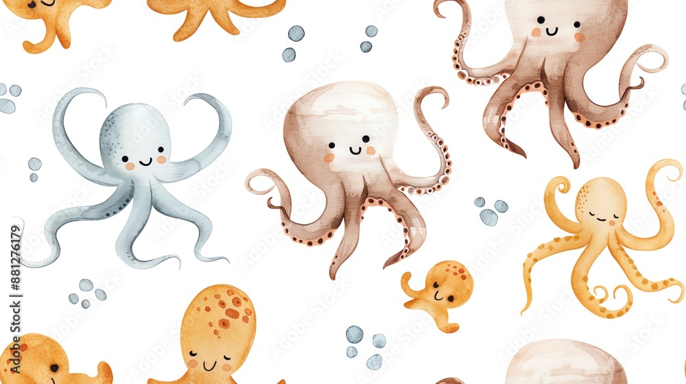 Fototapeta Seamless pattern with adorable cartoon octopuses in various colors on a white background, perfect for children's designs.