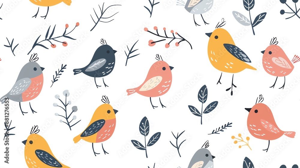 Seamless pattern with colorful birds and branches on white background. Perfect for fabric, wrapping paper, and wallpaper designs. Seamless pattern with colorful birds and branches on white background. Perfect for fabric, wrapping paper, and wallpaper designs.