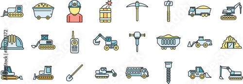 Quarry services icons set outline vector. Auto carrier. Car deliver thin line color flat on white